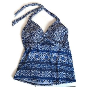 LANDS END PLUS Blue White Multi Print Twist Bust Halter Tankini Top Size 14
